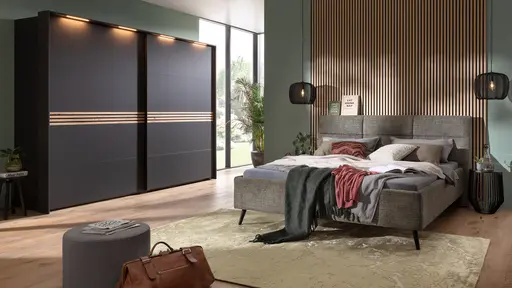 Schwebetürenschrank Viana - BHT ca. 300x230x68 cm, inkl. Passepartout und Beleuchtung, Anthrazit