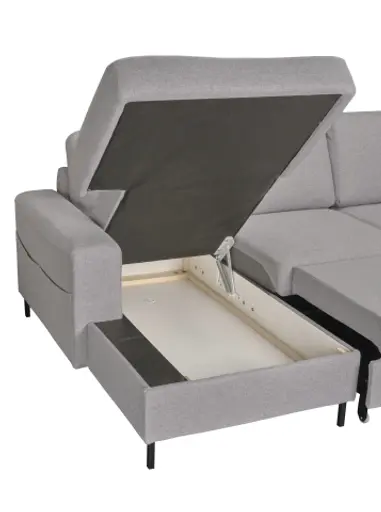 Wohnlandschaft - Longchair links, 2-Sitzer, Ecke rechts inkl. Schlaffunktion und Bettkasten, Stoff, Hellgrau