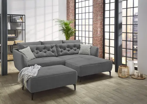 Ecksofa - 1,5-Sitzer, Longchair rechts inkl. 3 große Kissen, 2 gesteppte Kissen, 2 Wendekissen, Stoff Grau