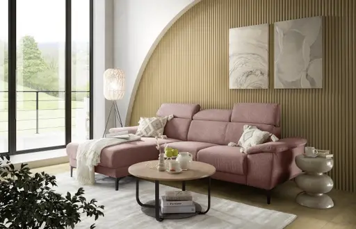 Ecksofa EZRA - Ecke links, 2-Sitzer inkl. Kopfteilverstellungen, Stoff, Koralle