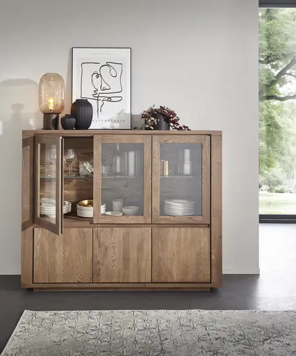 Highboard Bakersfield - sichtbare Rückwand geschroppt, Asteiche massiv, barrique