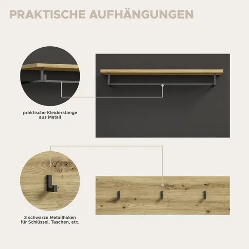 Garderobe - inkl. Sitzkissen, Basalt grau, Artisan Eiche Nachbildung