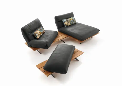 Ecksofa - 1-Sitzer mit Longchair rechts, Rücken/Armlehne/Sitztiefe verstellbar, Leder, Schwarz