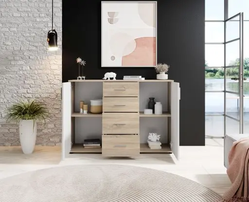 Kommode - B ca. 120 cm, Sonoma Eiche Nachbildung, Weiß