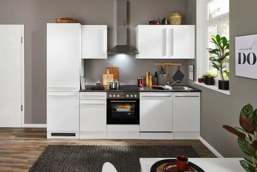 Küchenblock- Inkl. E-Geräte, B ca. 280cm, Weiß, Weiß Hochglanz