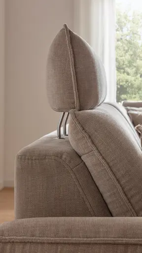 Ecksofa Tulsa KS - 2,5-Sitzer, Spitzecke und 1,5-Sitzer mit Anstellhocker aufklappbar rechts, inkl. Kopfstütze, AL verstellbar und Schlaffunktion, Stoff, Graubeige