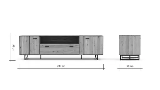 Lowboard Blackpool - Eiche massiv mit Metallrahmen schwarz und Holzbalken