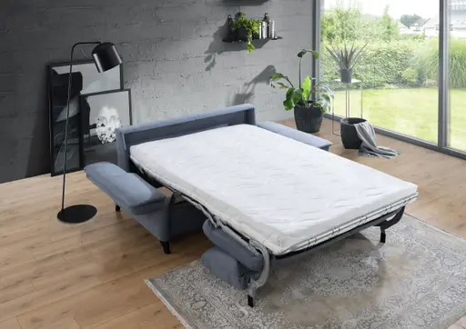 Sofa - 2,5-Sitzer mit Schlaffunktion, Armlehne verstellbar, Stoff, Graublau