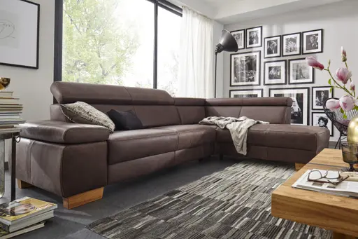 Ecksofa Philadelphia - 2,5-Sitzer mit Ecke rechts inkl. Kopfteil verstellbar, Leder, Dunkelbraun