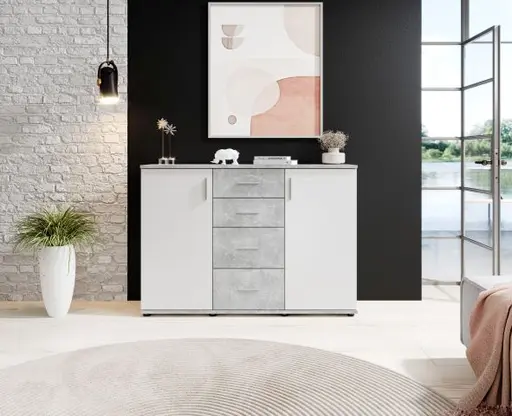 Kommode - B ca. 120 cm, Betonoptik, Weiß