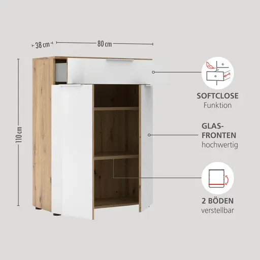 Büroschrank - B ca. 80 cm, Artisan Eiche Nachbildung, Weiß