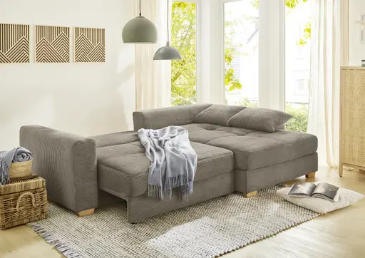 Ecksofa - 2-Sitzer, Ecke rechts inkl. Schlaffunktion und Bettkasten, Stoff, Taupe