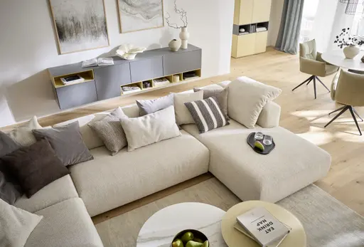 Ecksofa Caruso - Ecke links, 2-Sitzer, Longchair rechts, Stoff, Ecru