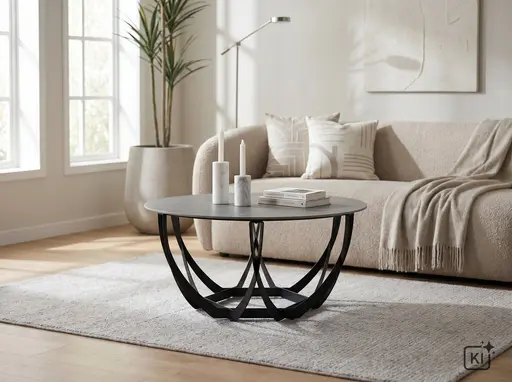 Couchtisch - Ø/H ca. 80x40 cm, Hellgrau marmoriert, Schwarz
