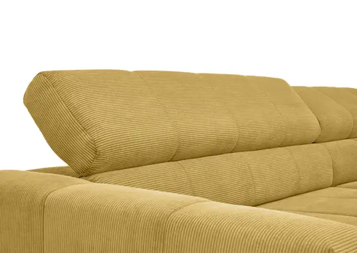 Ecksofa COLLEEN 2.0 - 2-Sitzer mit Ecke rechts, Kopfteil verstellbar, Feincord, Gold