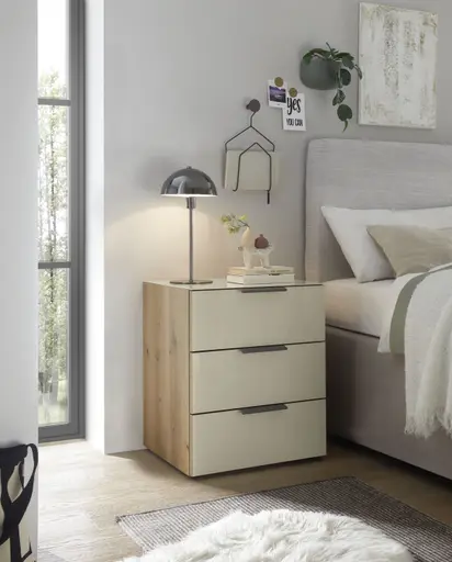 Nachtschrank - Bianco-Eiche-Nachbildung, Glas Champagner