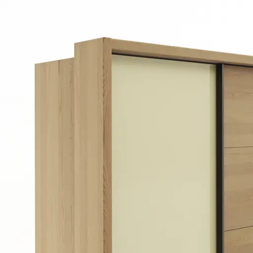 Schwebetürenschrank Lenoso - B. ca. 210 cm, Eiche massiv, Glas Champagner