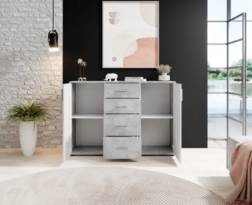 Kommode - B ca. 120 cm, Betonoptik, Weiß