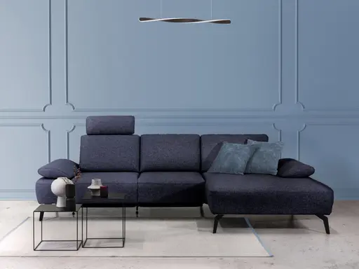Ecksofa Theodor - 2-Sitzer mit Longchair rechts, Armlehne/Sitztiefe verstellbar, Stoff, Dunkelblau