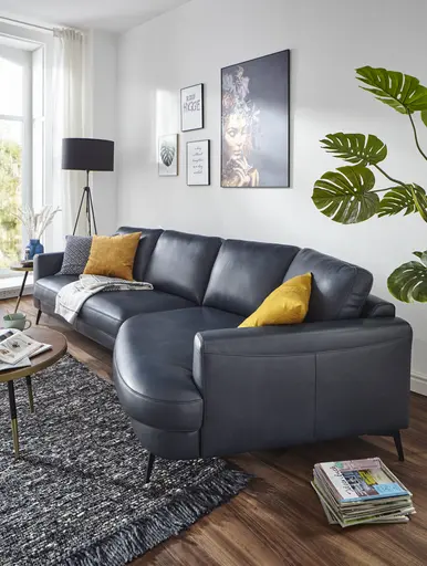 Ecksofa Oviedo - 2-Sitzer mit Ecke rechts, Leder, Dunkelblau