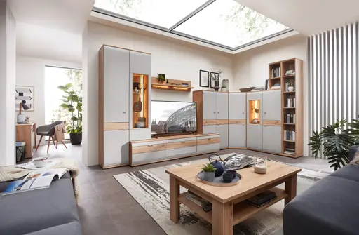 Wohnwand EM Teolo - mit Wandboard und Beleuchtung und geschroppter Rückwand, Alteiche, Lichtgrau