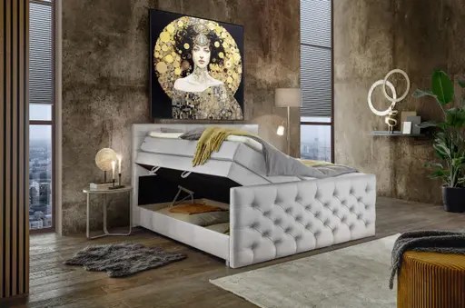 Boxspringbett SANDRIN E- Liegefläche ca. 200x200 cm, Stoff, Hellgrau, inkl. Stauraum und Fußteil