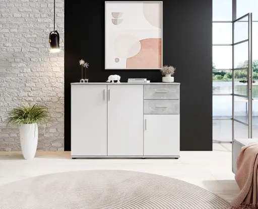 Kommode - B ca. 120 cm, Betonoptik, Weiß