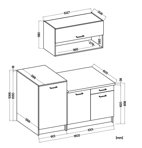 Küchenblock- ohne E-Geräte, B ca. 160 cm, Schwarz, Buche Dekor