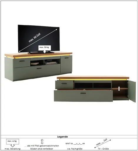 TV-Lowboard - mit Beleuchtung, B ca. 156 cm, Salbeigrün, Eiche Evoke Nachbildung