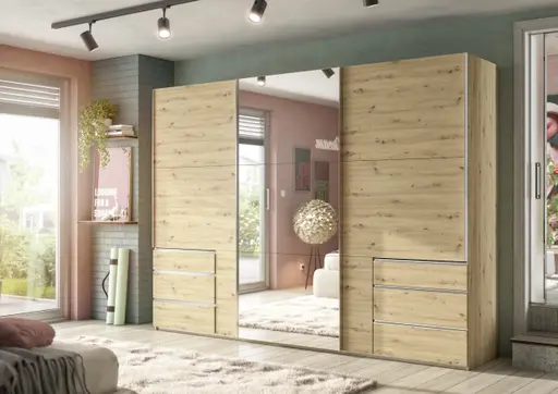 Schwebetürenschrank- B 300 cm, Eiche Dekor, Spiegel