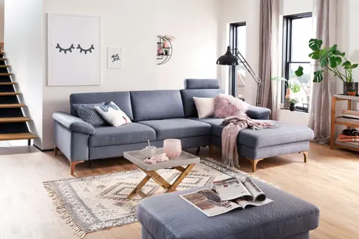 Ecksofa - 2,5-Sitzer mit Longchair rechts, Rückenlehne verstellbar, Stoff, Graublau