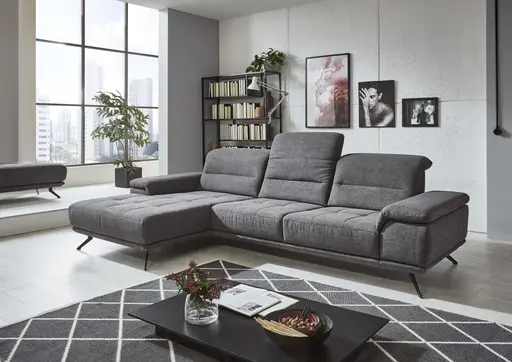 Sofa - Longchair links mit 3-Sitzer inkl. Kopfteil verstellbar, Stoff, Anthrazit