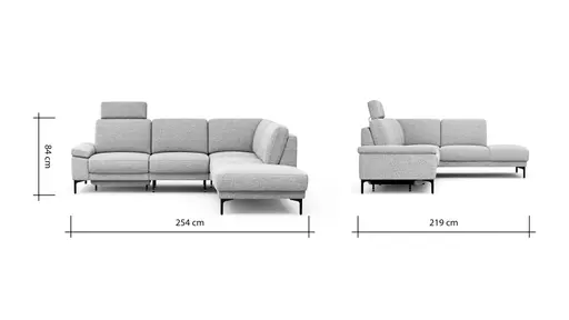 Ecksofa Matero - 2-Sitzer mit Ecke rechts inkl. Relaxfunktion motorisch und Sitzvorzug, Stoff, Hellgrau