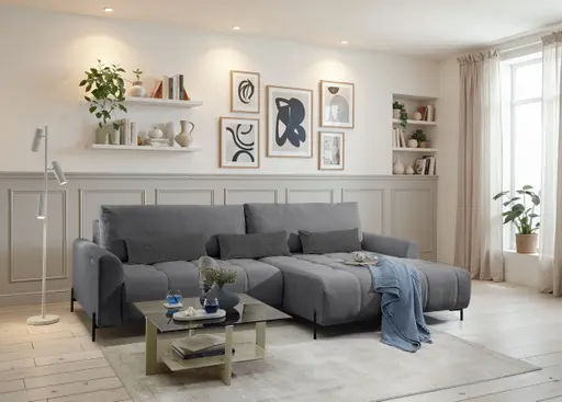 Ecksofa - 2-Sitzer mit Longchair rechts, Sitztiefe verstellbar motorisch, Stoff, Anthrazit