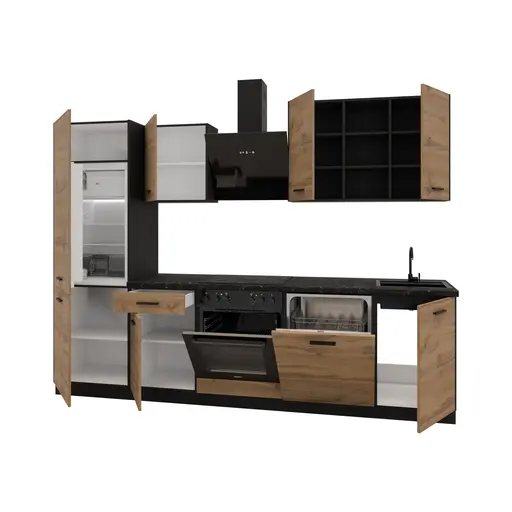 Küchenblock- ohne E-Geräte, B ca. 280 cm, Schwarz, Eiche Dekor