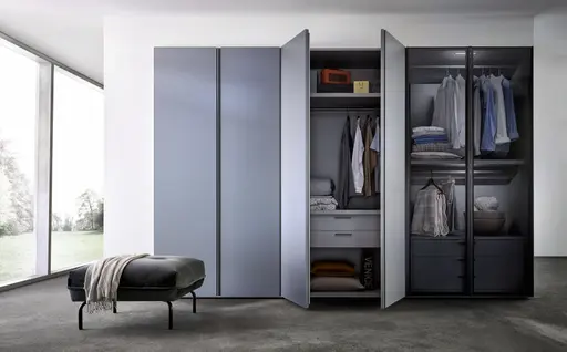 Drehtürenschrank Loretto - B ca. 304 cm, Lack matt, Hellgrau, Rauchglas