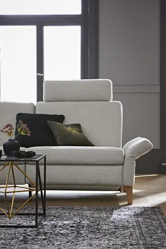 Ecksofa Arima - Longchair links mit 2,5-Sitzer inkl. Relaxfunktion und Sitzvorzug (motorisch), Stoff, Creme