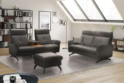 Sofa EM Pula - 2-Sitzer mit Tisch/USB/Steckdose, Leder, schwarz