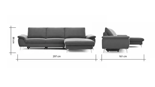 Ecksofa Gotera - 1,5-Sitzer med + 1,5-Sitzer med mit Longchair groß rechts inkl. Schlaffunktion (teilmotorisch), Armlehne klappbar, Rückenlehne verstellbar  und einmal Relaxfunktion (teilmotorisch), Stoff, Anthrazit
