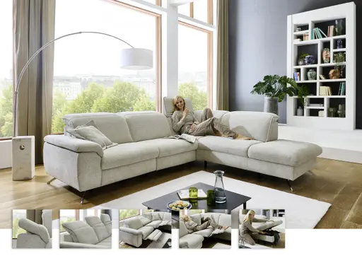 Ecksofa - 3-Sitzer mit Ecke rechts, Kopfteil verstellbar, Stoff, Natur