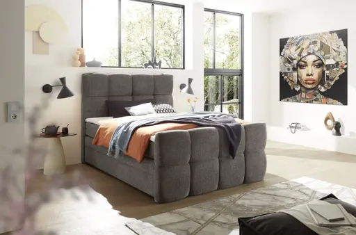 Boxspringbett SANDRIN R- Liegefläche ca. 140x200 cm, Stoff, Grau, inkl. Stauraum und Fußteil