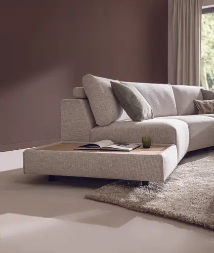 Ecksofa Serava Plus - Anbauhocker links mit 1-Sitzer, Trapezelement, Longchair rechts, Stoff, Sand