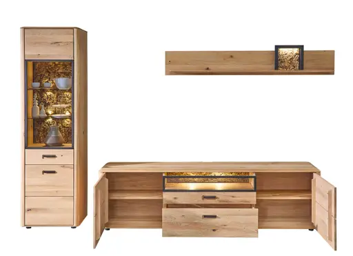 Wohnwand - mit Beleuchtung, Wildeiche massiv