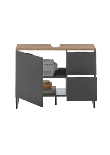 Waschebeckenunterschrank- B ca. 80 cm, Schwarz Matt, Eiche Dekor