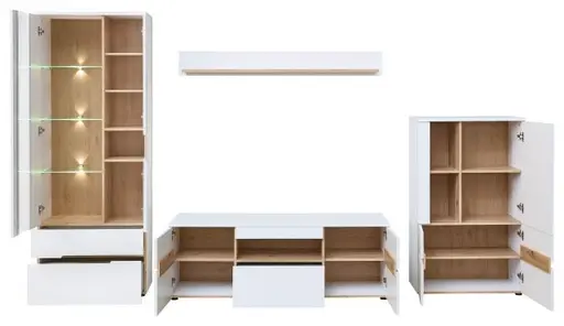 Wohnwand - mit Beleuchtung, Weiß, Artisan Eiche Nachbildung