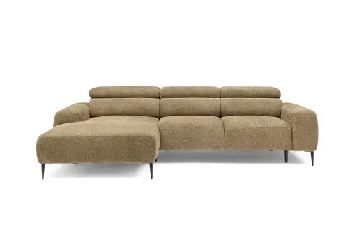 Ecksofa - Longchair links mit 2-Sitzer, Sitzvorzug motorisch, Kopfteil verstellbar, Stoff, Senfgelb