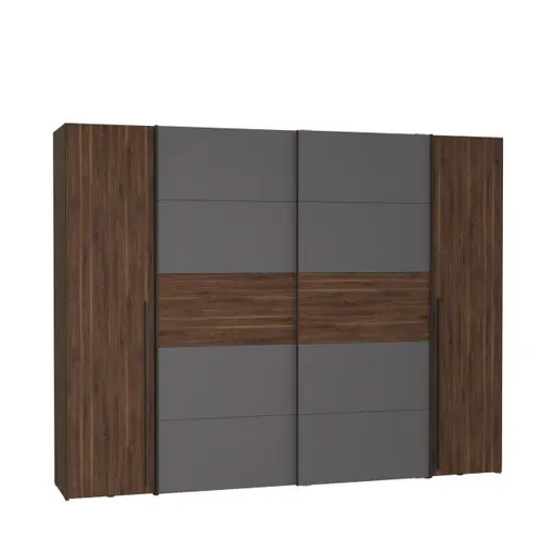 Schwebe-/Drehtürenschrank FAHDA - B. ca. 270 cm, Nussbaum Dekor, Grau