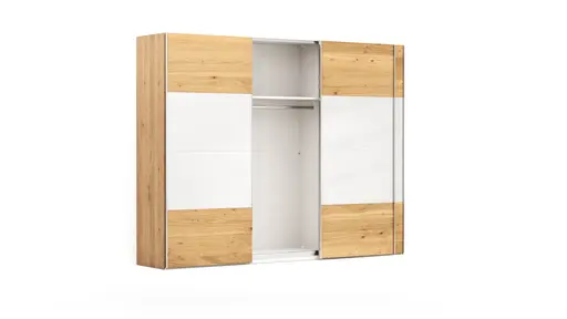 Schwebetürenschrank Colorado - B ca. 307 cm, Eichenfurnier mit Glas weiss
