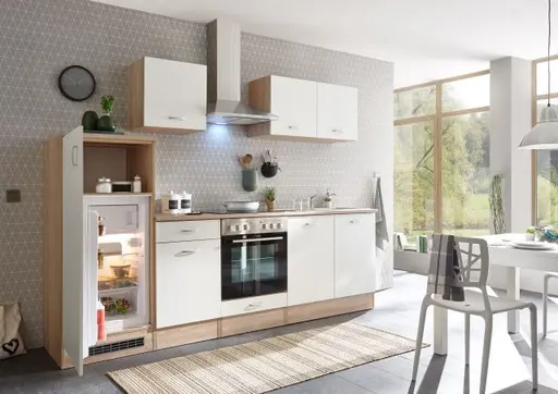 Küchenblock- inkl. E-Geräte, B ca. 270 cm, Eiche Dekor, Weiß Matt