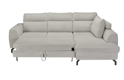 Ecksofa - 2-Sitzer mit Ecke rechts, Schlaffunktion mit Bettkasten, Stoff, Silbergrau